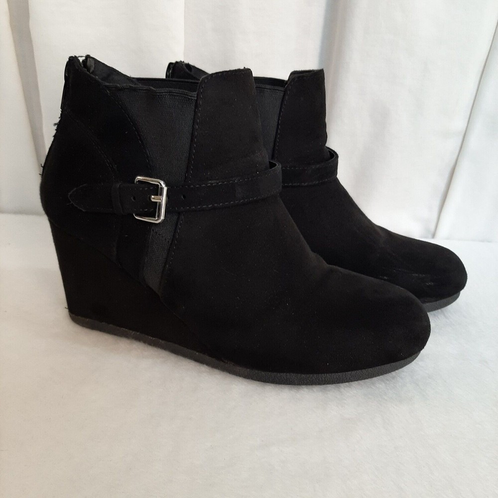 Marbella Sage Booties 5 M Black Wedge Heel Buckle Stretch Ankle Boot